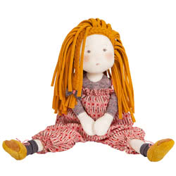 Moulin Roty Les Rosalies Vanille Rag Doll. Coming with a printed face, long rolled orange hair, finished off with a front plait. Shes wearing puckered, red and cream patterned dungarees, a mottled pink crew-neck top, brown socks and mustard booties with 