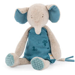 Moulin Roty Sous Mon Baobab Bergamote Elephant. Immerse yourself in the extraordinary world of the Savannah thanks to the adorable characters of Sous mon Baobab. Bergamote comes in soft beige fur with blue inner ears, tail tip & matching   printed body.