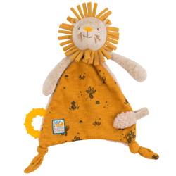 Moulin Roty Sous Mon Baobab Paprika Lion Comforter. This stylish comforter comes with a patterned jersey body, a fluffy textured reverse and also features a Velcro dummy attachment and silicone teething ring. A blue presentation box is also included.