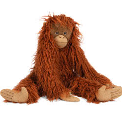 Moulin Roty Tout Autour du Monde Large Orangutan featuring a vibrant, rust-orange, shaggy fur body, a soft beige material face, hands, feet and muzzle and finished with brown glossy eyes.