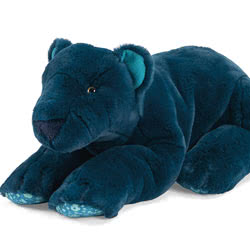 Moulin Roty Tout Autour du Monde Large Panther. Coming with sumptuous deep blue fur over a well padded crouching body. The small cupped ears have a teal lining, the matching pads have a pale blue patterning, there is a long tail and glossy eyes.