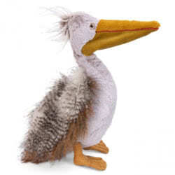 Moulin Roty Tout Autour du Monde Pelican. This lovely water bird comes with glittery, mustard webbed feet, a long beak, soft fluffy silver fur and the most beautiful coloured wing edges.