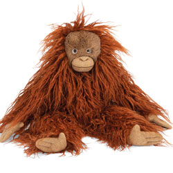 Moulin Roty Tout Autour du Monde Small Orangutan featuring a rust-orange, shaggy fur body; a beige face, complete with brown glossy eyes; hands, feet and muzzle come in a soft fawn material.