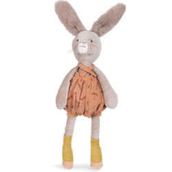 Moulin Roty Trois Petits Lapins Clay Rabbit. Coming with fine whiskers, large super soft ears, cute yellow socks, and patterned terracotta dungarees.