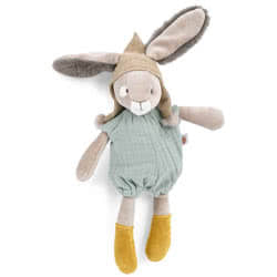 Moulin Roty Trois Petits Lapins Little Sage Rabbit. Coming with big fluffy, beige-lined ears, a pretty  sage jumpsuit, mustard socks and peaked brown hat. The delicate white muzzle and single white eye patch make this little rabbit a delight for all, beau