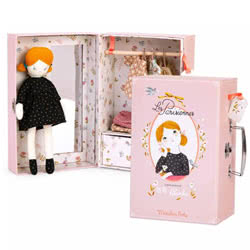 Moulin Roty Wardrobe Suitcase Les Parisiennes. It comes with Mademoiselle Blanche and a wooden rail with enough space for three beautiful choice outfits, including a matching pyjama set, and a sparkly tutu! There is also a built-in-mirror and hangers!