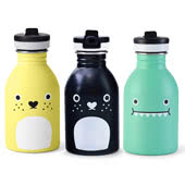 Noodoll Water Bottles are designed in London and made in partnership with Italian eco brand 24Bottles, using extra lightweight stainless steel with a leak proof lid and integrated straw and hold 250ML.
