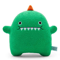 This is Noodoll Ricedino Dinosaur Plush Toy. Ricedino has a set of scary dinosaur teeth but has a real softie! This sweet Ricemonster has a soft green body, an embroidered face, and a bright orange spike on top of it's head.