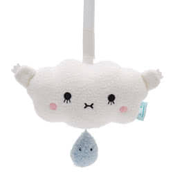 Noodoll Ricehush Cloud Music Mobile. It is made with soft fabric, and plays Rock a Bye Baby when the droplet cord is pulled. The handy strap makes it easy to attach to a pram, car seat or cot, the perfect companion for nursery or outdoors. The music box i