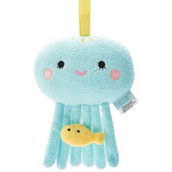 Noodoll Ricejelly Jellyfish Music Mobile. This cute blue jellyfish is made with soft fabric, and plays Rock a Bye Baby when the fishy cord is pulled.
 The handy strap makes it easy to attach to a pram, car seat or cot, a perfect companion day or night. T