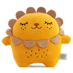 Noodoll Riceleon Lion Plush Toy. This regal plush toy has a well filled yellow body, a brown felt main, two short arms and a beautiful sleepy embroidered face.