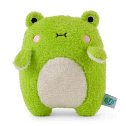Noodoll Riceribbit Green Frog Plush Toy. This Riceribbit Ricemonster has a super soft and fluffy green body, the classic frog protruding eyes, a white tummy and a lovely embroidered face and pink cheeks.