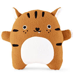Noodoll Ricetiger Plush Toy..Featuring beautifully embroidered details including the  cheeky grin and spiky tooth. It comes with a soft, muted orange-brown, fur body, a white tummy, the typical black stripes and the cutest fluffy pom-pom tail.