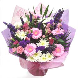 Hand Tied Flower Bouquet in Pink, Purple and Cream Flowers for Nottingham flower delivery.