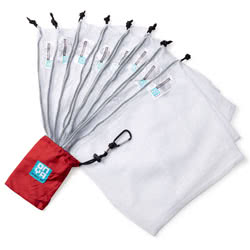 Onya Reusable Produce Bags, red outer pouch contains 8 ultra lightweight tulle mesh bags, made from rPet (recycled plastic bottles), clips onto your shopping bag, handbag or belt.