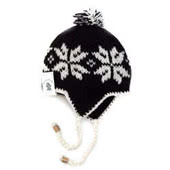 Pachamama Knitwear Chullo Hats with ear flaps, two braids supporting fluffy bobbles plus matching top bobble.