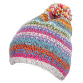 Pachamama Knitwear Bobble Beanie Hats, handknitted in Nepal - 100% wool - fleece lining around the forehead for extra comfort and warmth.