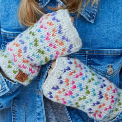 Pachamama Knitwear Andorra Oatmeal Handwarmer fingerless gloves, features miniature colourful hearts, 100% wool, sherpa fleece lining.