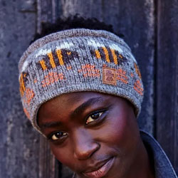 Pachamama Knitwear Beehive Bark Headband ear warmers, featuring Bumble Bees on a bark-brown background, 100% wool, fleece lined.