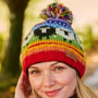 Pachamama Knitwear Black Sheep Roll Back Bobble Beanie Rainbow front