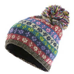Pachamama Knitwear Bloomsbury Bobble Beanie Cool, handknitted, 100% wool with a fleece lining, coming in a classic fairisle pattern.