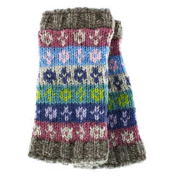 Pachamama Knitwear Bloomsbury Handwarmer Cool fingerless gloves, featuring a colourful fair-isle pattern, 100% wool, fleece lined.