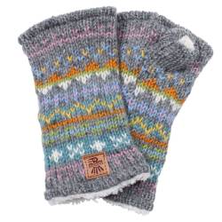 Pachamama Knitwear Braemar Handwarmer fingerless gloves, features pastel patterns on a grey background, 100% wool, fleece lining.