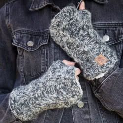 Pachamama Knitwear Cairngorm Charcoal Handwarmer fingerless gloves, hand knitted mohair and wool blend with sherpa fleece lining.