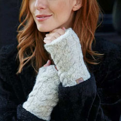 Pachamama Knitwear Cairngorm Handwarmer Oatmeal fingerless gloves, cable knit design, handknitted, 100% wool, fleece lined.