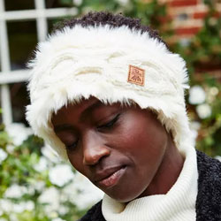 Pachamama Knitwear Cream Chamonix Fur Headband - Handknitted - 100% wool with a faux fur lining using Chamonix classic cable, textured hand knitting techniques.