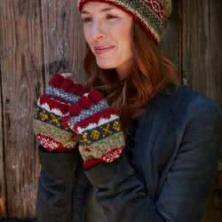 Pachamama Classic Fairisle Glove Mitts Rust. These mitts are knitted in Nepal using local wools and natural dyes. Made from bands of traditional patterns, with carefully selected colours in a range of simple patterns. Every design is subtly different from