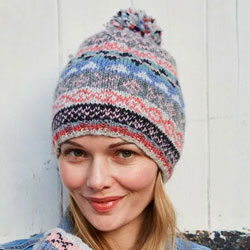 Pachamama Knitwear Classic Fairisle Oatmeal Bobble Beanie hat, partially fleece lined, handknitted, 100% wool.