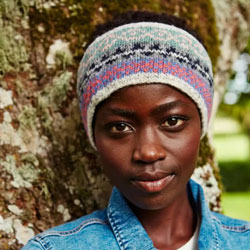 Pachamama Knitwear Classic Fairisle Oatmeal Headband ear warmer, features pinks & black on an oatmeal background, 100% Wool, fleece lined