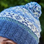 Pachamama Knitwear Classic Fairisle Roll Back Bobble Beanie Denim close