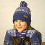 Pachamama Knitwear Classic Fairisle Roll Back Bobble Beanie Denim front