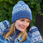 Pachamama Knitwear Classic Fairisle Roll Back Bobble Beanie Denim left
