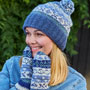 Pachamama Knitwear Classic Fairisle Roll Back Bobble Beanie Denim together