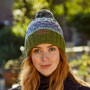 Pachamama Knitwear Classic Fairisle Roll Back Bobble Beanie Olive front