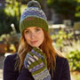 Pachamama Knitwear Classic Fairisle Roll Back Bobble Beanie Olive glove/mitts