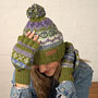 Pachamama Knitwear Classic Fairisle Roll Back Bobble Beanie Olive top
