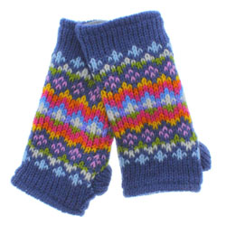 Pachamama Knitwear Clifden Handwarmer Denim Handwarmer fingerless gloves, featuring a traditional diamond fair-isle pattern, handknitted, 100% wool, fleece lined.