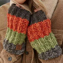 Pachamama Knitwear Cotopaxi Handwarmer Earth fingerless gloves, featuring earthy tones in thick colour bands, 100% wool, fleece lined.
