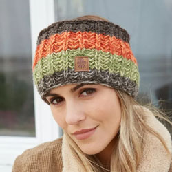 Pachamama Knitwear Cotopaxi Headband Earth ear warmers featuring thick bands of earthy colours, hand knitted, 100% wool, fleece lined.