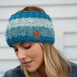 Pachamama Knitwear Cotopaxi Headband Teal ear warmers, featuring thick bands of teal shades, hand knitted, 100% wool, fleece lined.
