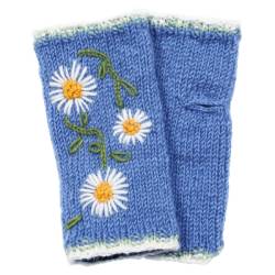 Pachamama Knitwear Daisy Chain Handwarmer Jacaranda fingerless gloves, featuring a vintage style daisy chain flower pattern, 100% wool, fleece lined.