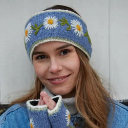 Pachamama Knitwear Daisy Chain Headband Jacaranda ear warmer, features an embroidered daisy chain flower pattern, 100% Wool, fleece lined.