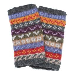 Pachamama Knitwear Elveden Handwarmer fingerless gloves, featuring earthy colours and intricate handknitted patterns, 100% wool, fleece lined.