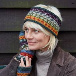Pachamama Knitwear Knitwear Elveden Headband ear warmers, featuring earthy colours and intricate patterns, hand-knitted, 100% wool, fleece lined.
