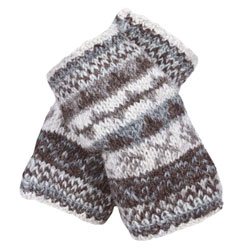 Pachamama Knitwear Finisterre Handwarmer Natural fingerless gloves, featuring traditional fair-isle patterns, handknitted, 100% wool, fleece lined.
