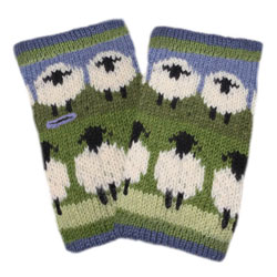 Pachamama Knitwear Flock of Sheep Handwarmer fingerless gloves, featuring white sheep on green and blue background, 100% wool, fleece lined.